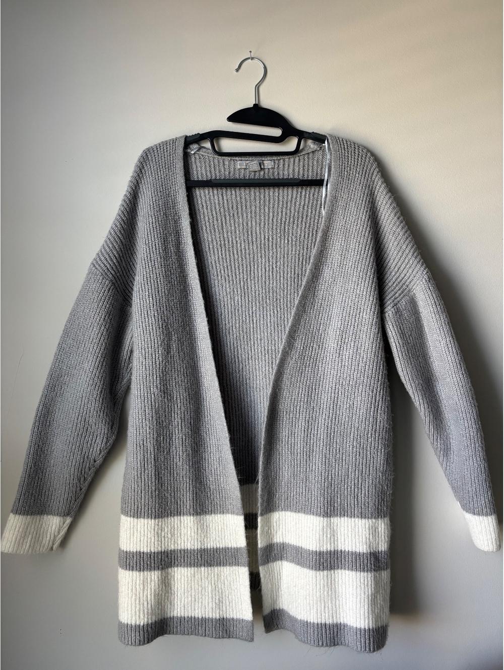 By Design Gray Cream Striped Chunky Knit Open Front Long Cardigan Women's XL